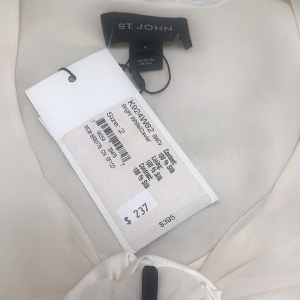 ST.JOHN 100% silk top, white /black top, size 2, with center rhinestone rosette - Picture 3 of 5